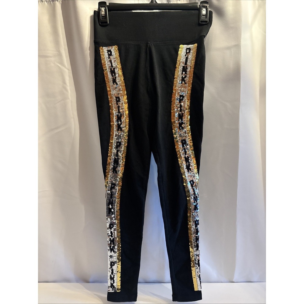 Victoria's Secret Pink Yoga Leggings Ankle Sequin XS Black/Gold Bling Logo